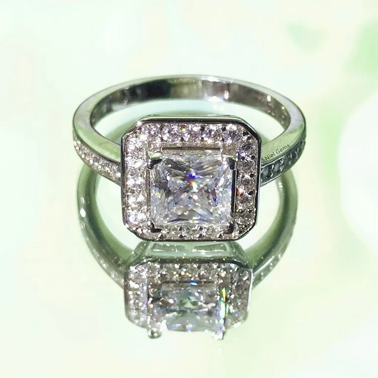 

S925 plated white gold engagement jewelry silver 925 princess cut moissanite 2 carat diamond ring price