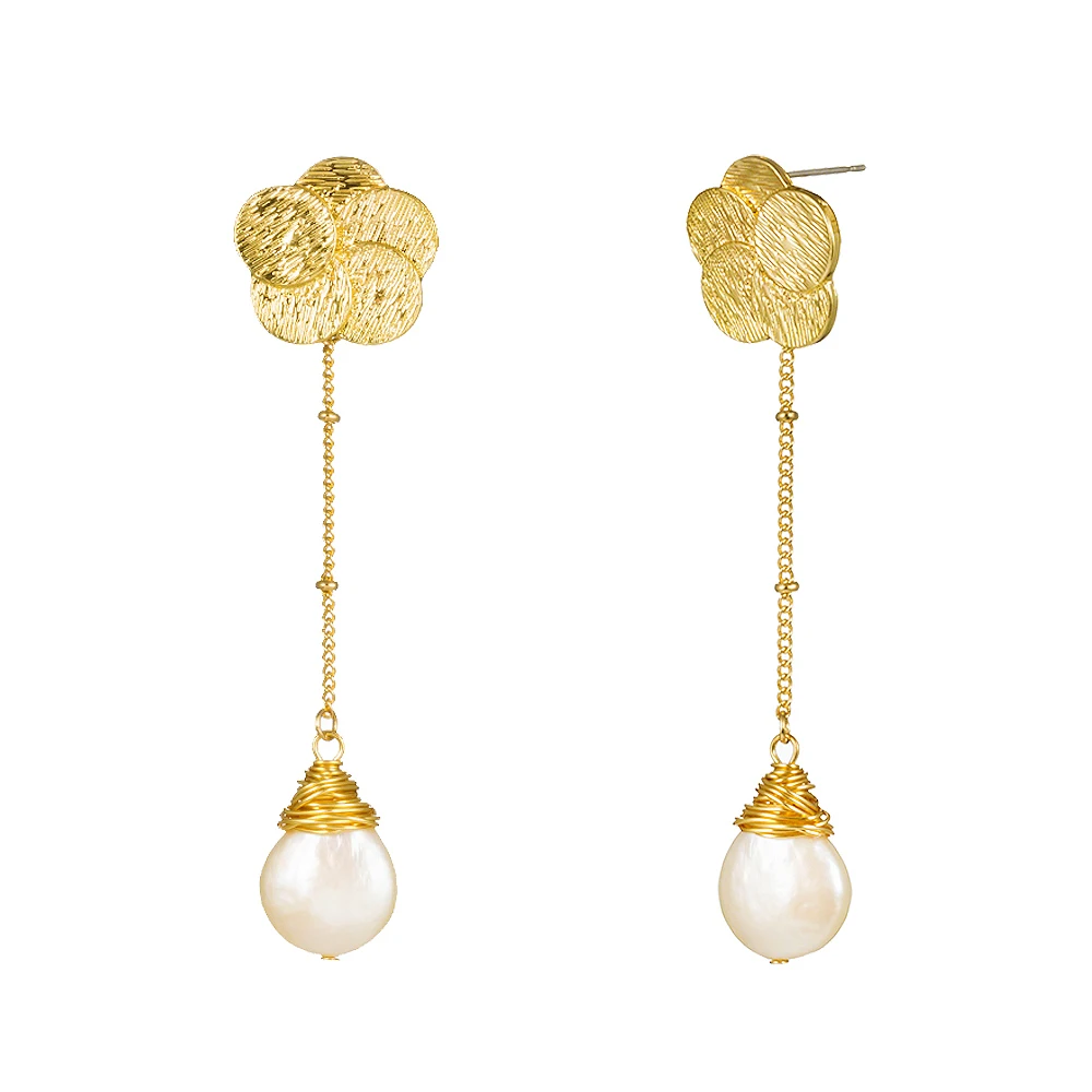 

Vintage Pearl Long Tassel Gold Rose Stud Earrings For Woman Jewelry