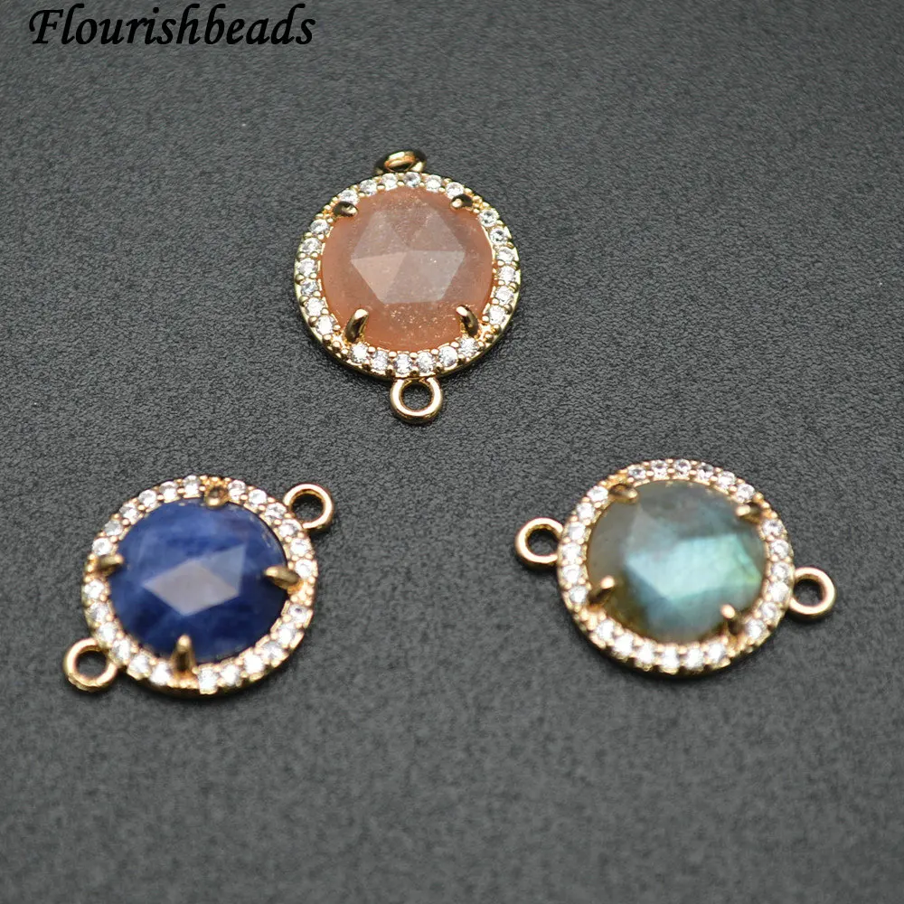 

High Quality Natural Gemstone Faceted Sunstone Labradorite Lapis Round Cabochon Charms Paved CZ Beads Jewelry Findings