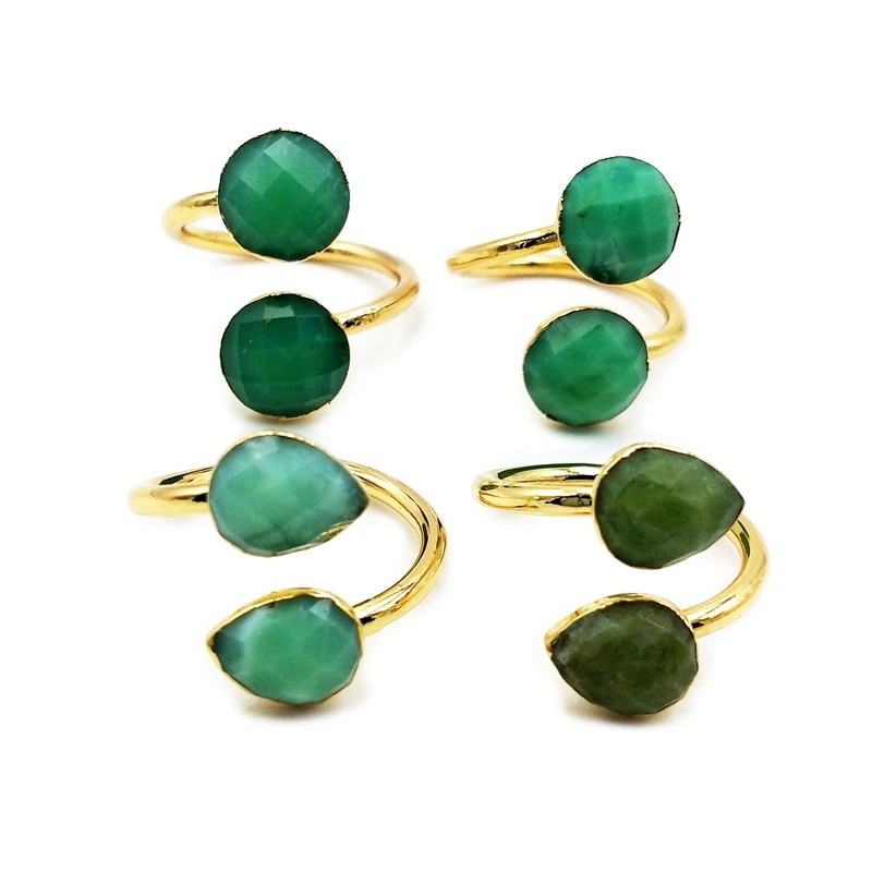 

Natural Two Stones Green Jade Gemstone Ring Jewellery Cuff Adjustable Double Faceted Stone Finger Rings Jewelry for Girl