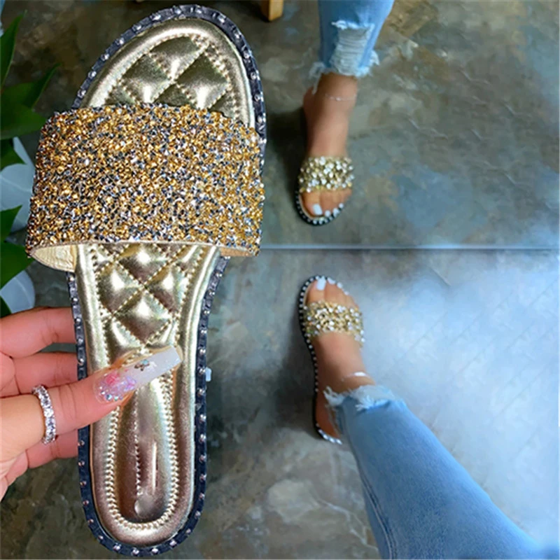 

wholesale Beach Flat Casual Shoes Women's Shiny Sandals Summer Crystal Rhinestone, Picture shows