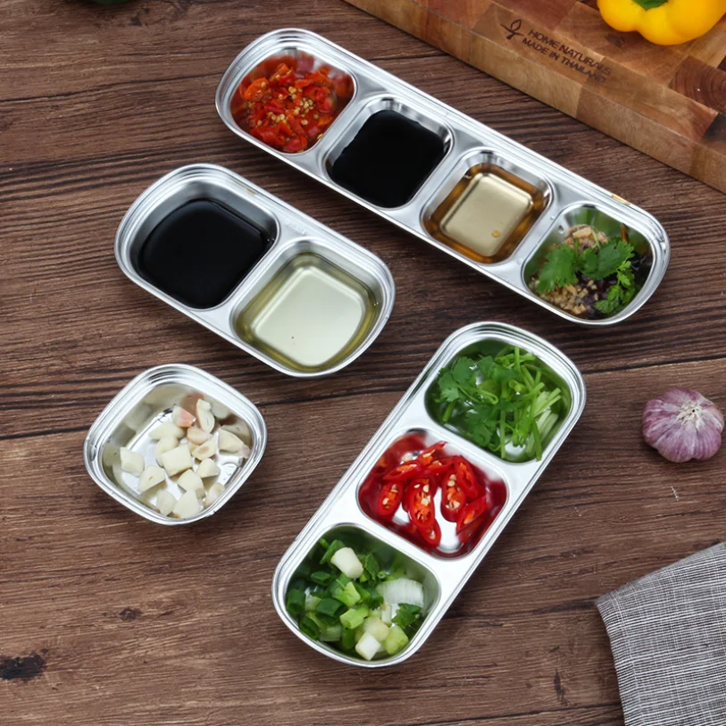 

New Kitchen Restaurant Stainless Steel Sauce Dishes Dip Dish Condiment Plate Sub-Grid Flavored Sauce Vinegar Bowl, Silver, gold,