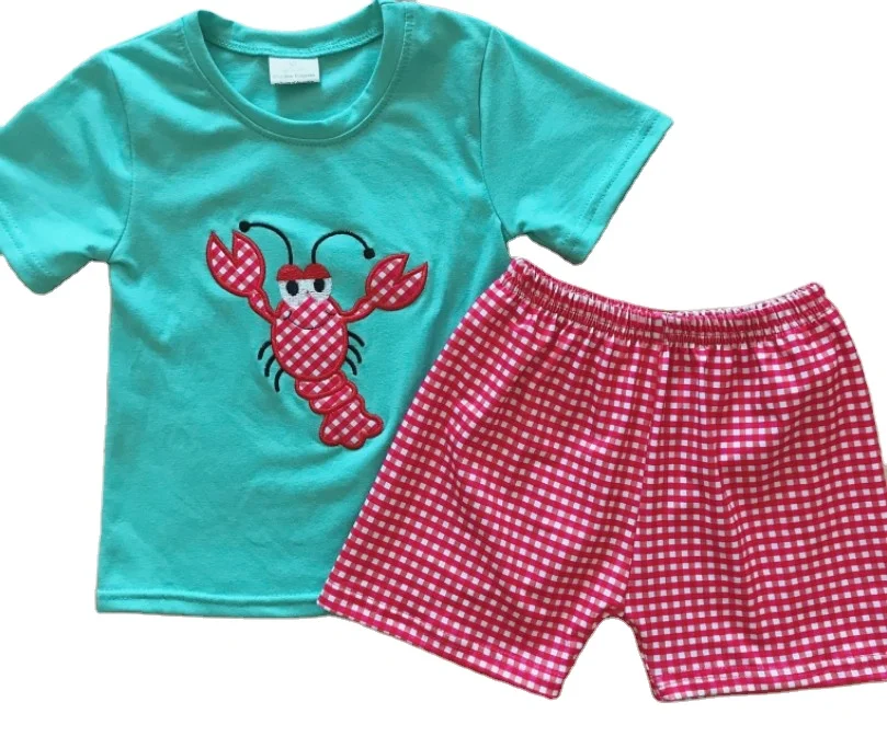 

2021 wholesale high quality embroidery lobster boy and girl clothes two-piece set