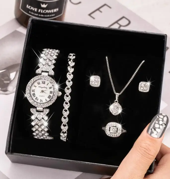 

Fashion luxury full crystal 5 pcs watch set Diamond necklace earrings set jewelry for women Gift 2021, Silver plated