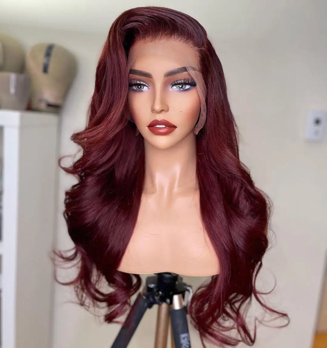 

Wholesale 99j Burgundy Red Body Wave Wigs Brazilian Virgin Human Hair Transparent Full Lace Front 99j Body Wave Burgundy red Wig