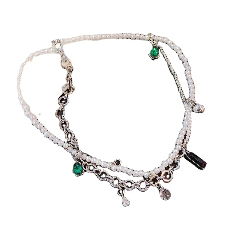 

Stylish double layer green zircon stainless steel personalized beads women necklace