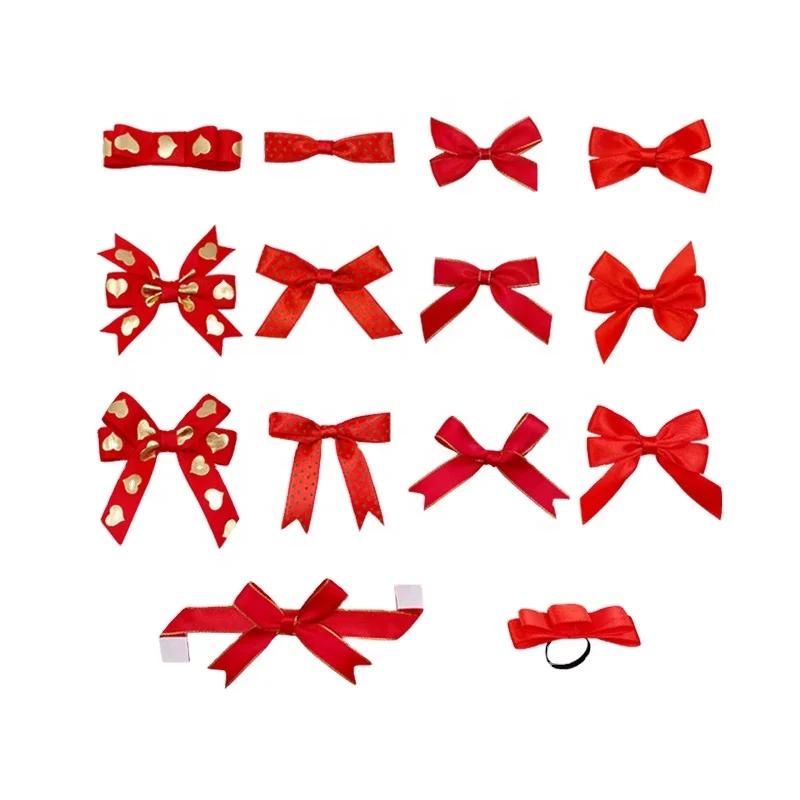 

In Stock Wholesale Cheap Red Grosgrain Small Elastic Ribbon Bow 25mm Pre-made Ribbon Bow For Box Decoration, 10 color in stock, can be customized