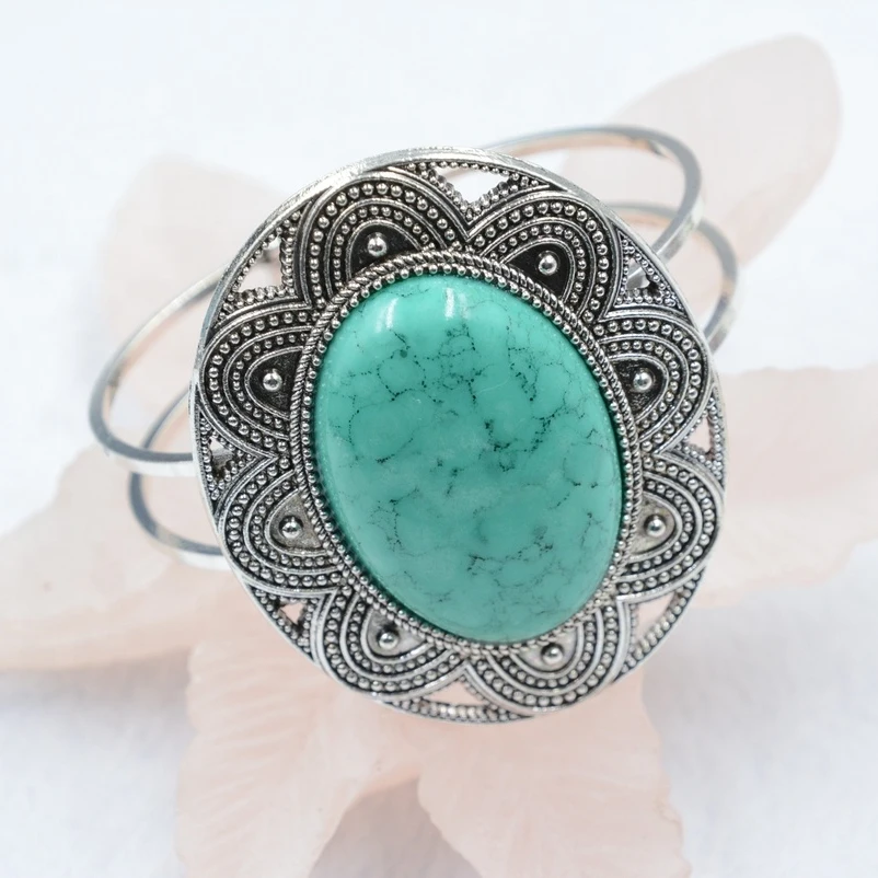 

Wholesale Boho Jewelry Turquoise Stone Multi Color Big Anti Silver Openable Bangle Vintage Retro Bohemian Jewelry Women Hot