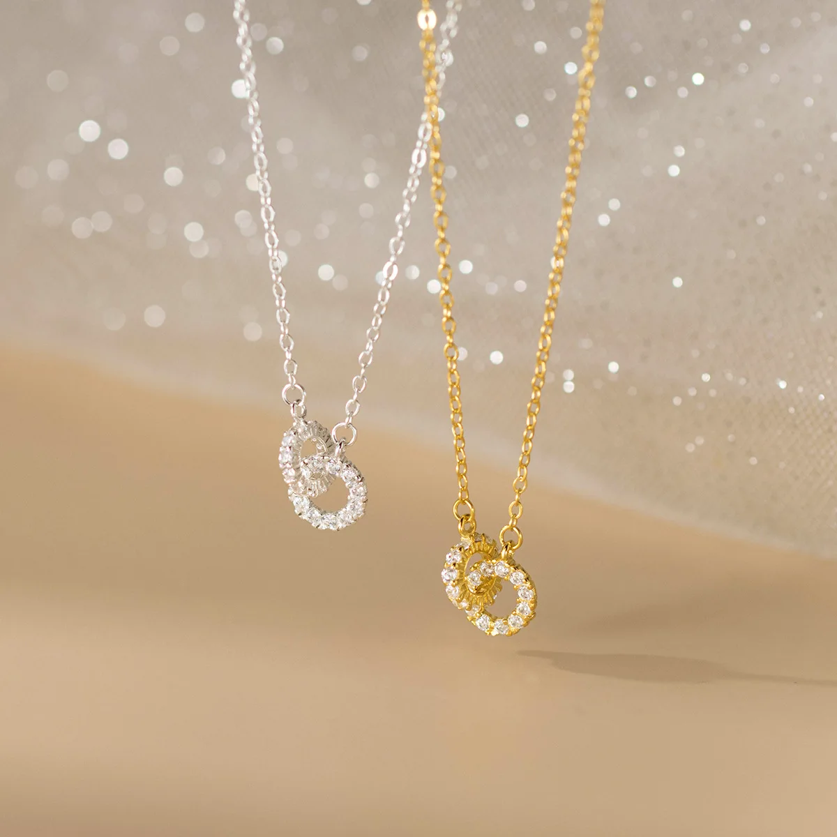 Fashion Pendant Necklace 925 Sterling Silver Trendy Diamond Necklace Two Double Round Circle Gold Plated Necklaces for Women