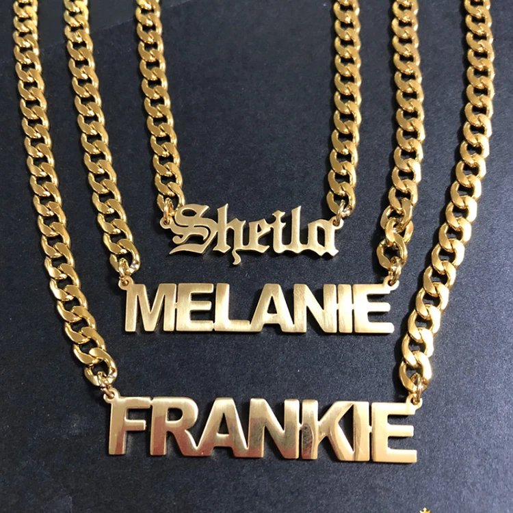 

fashion custom stainless steel 18K gold thick 5mm chunky cuban link chain personalised name plate necklace for men women