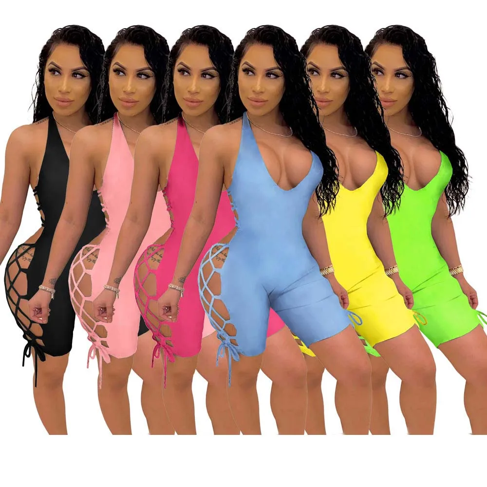 

FS1013D New Arrivals women Drawstring Solid Romper Jumpsuits