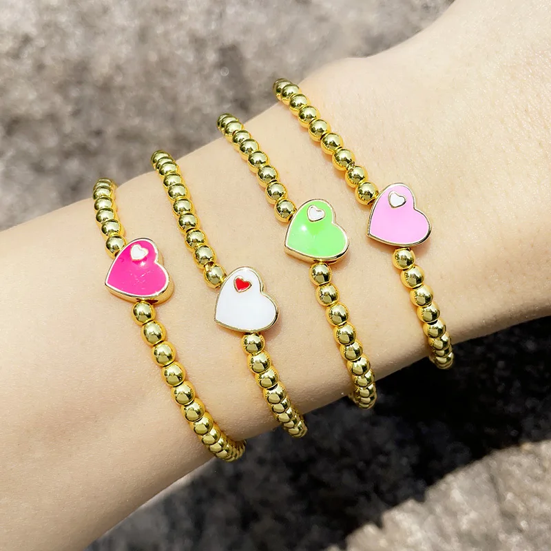 

Trendy 18K Real Gold Plated Stretchable Oil Drip Heart Beads Bracelets Copper Beaded Enamel Colorful Heart Bracelet