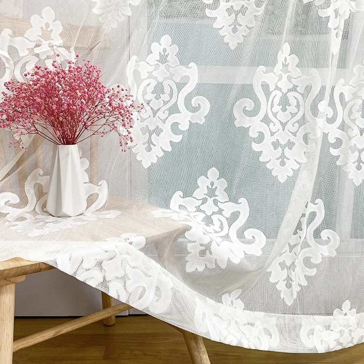 

Plain jacquard living room white window polyester knitting warp voile tassel trim accessories floral sheer lace curtain