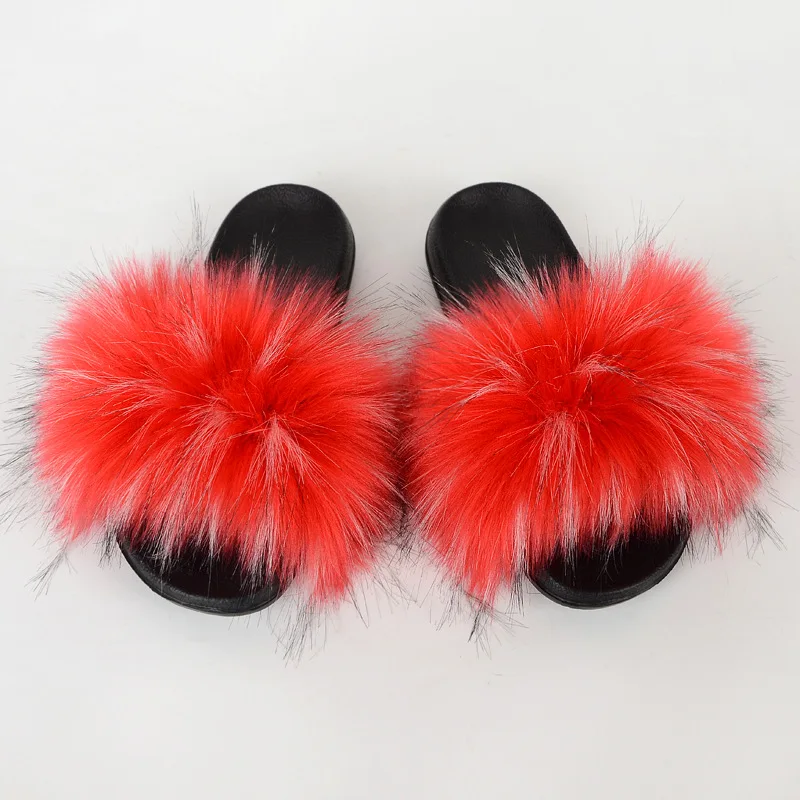

Women's furry slippers ladies cute plush faux fox hair sandal shoes faux fur slipper slides, Customized color