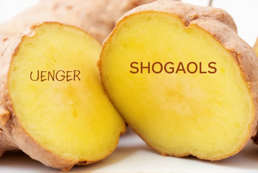Close-up of fresh ginger root with visible gingerols and shogaols compounds labeled