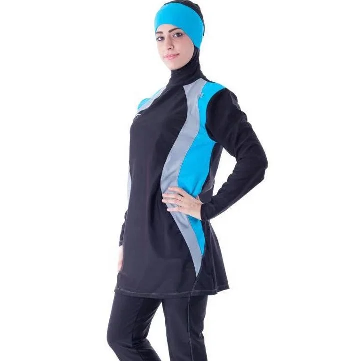 

MOTIVE FORCE Color Block Hijab Hooded Top & Pants 2 Pieces/Set Lycra Dress Muslimah Sportwear