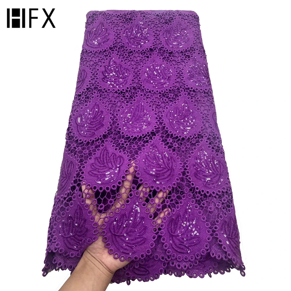 

HFX Purple Color Latest Nigerian Guipure Cord Lace Fabric Water Soluble French Lace Fabric with Sequin for Wedding Dress, Colorful