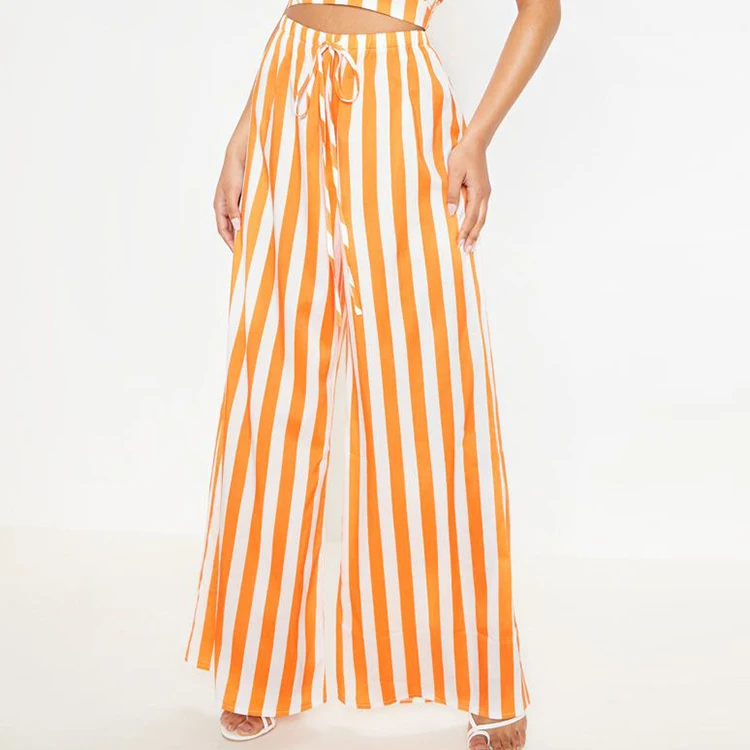 

Wholesale low price autumn casual cotton striped trousers ladies loose wide leg pants, As picture or custom