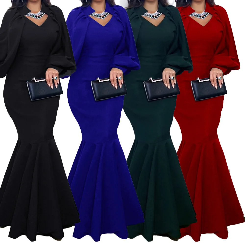 

African Print Ruffle Long Sleeve Sheath Dress Women Elegant Party Pencil Dresses, As pictures