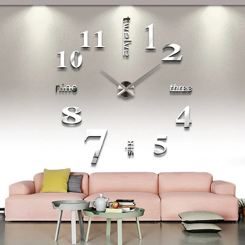 

Large Modern 3D DIY Wall Clock for Home Decoration Silver Color Mirror Modern Luxury Home Decor Wall CLOCKS Quartz Living Room