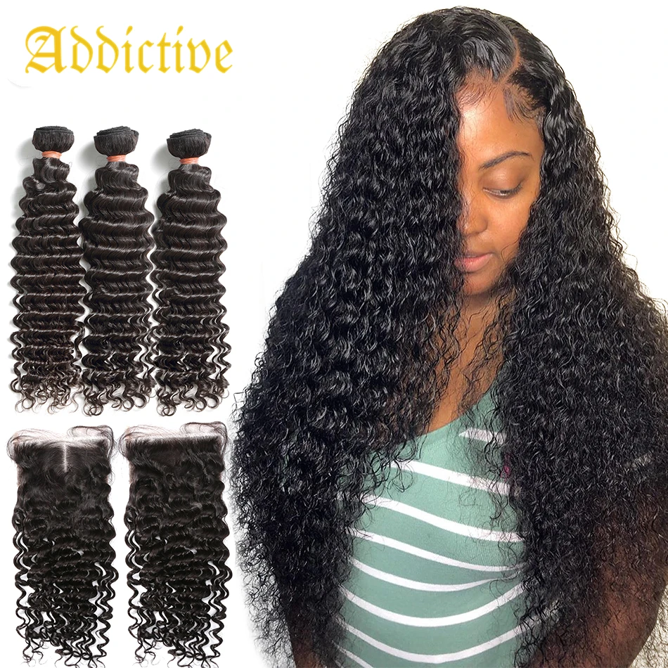 

Addictive Preplucked 100% Human Hair Bundle And Closure Deep Wave Curly Weave Hair With 4x4 Transparent Swiss Lace Closure, Color 1b