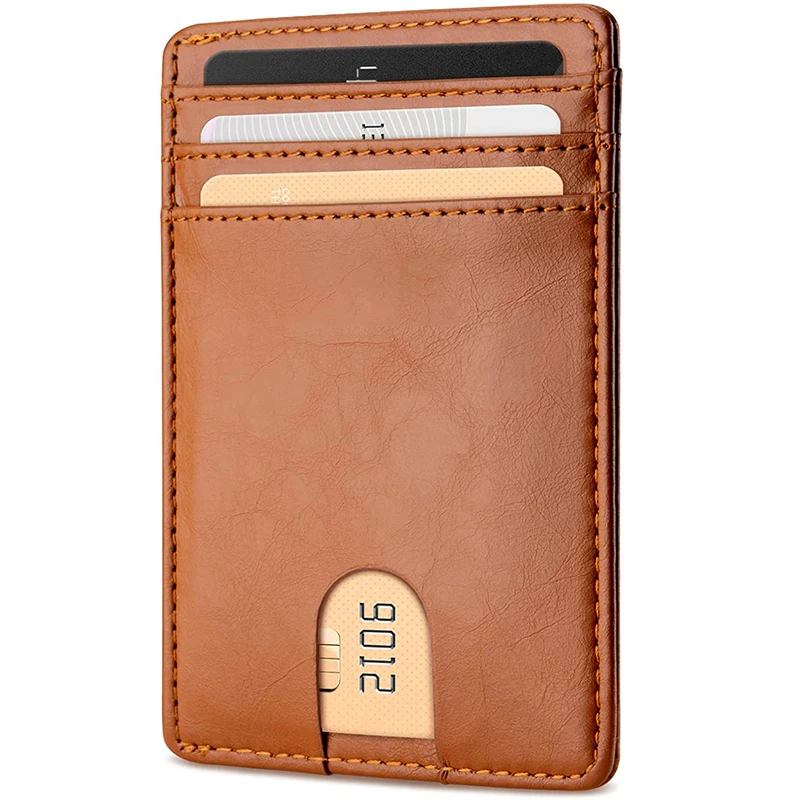 

Minimalist Thin Front Pocket Leather Credit Card Holder with RFID Blocking for Work Travel Organizers Holders Cases Cover Wallet, Brown or customized color