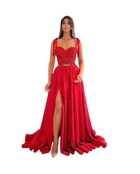 

A-line Spaghetti Straps Red Sparkly Long Prom Dresses Evening Gowns, Picture color