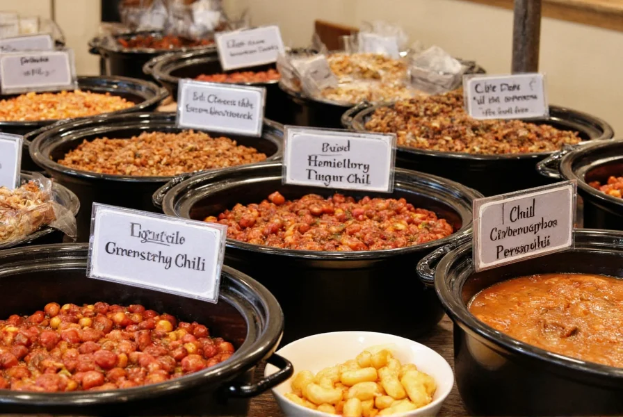 Chili bar setup with multiple slow cookers labeled with different chili varieties arranged on a rustic wooden table
