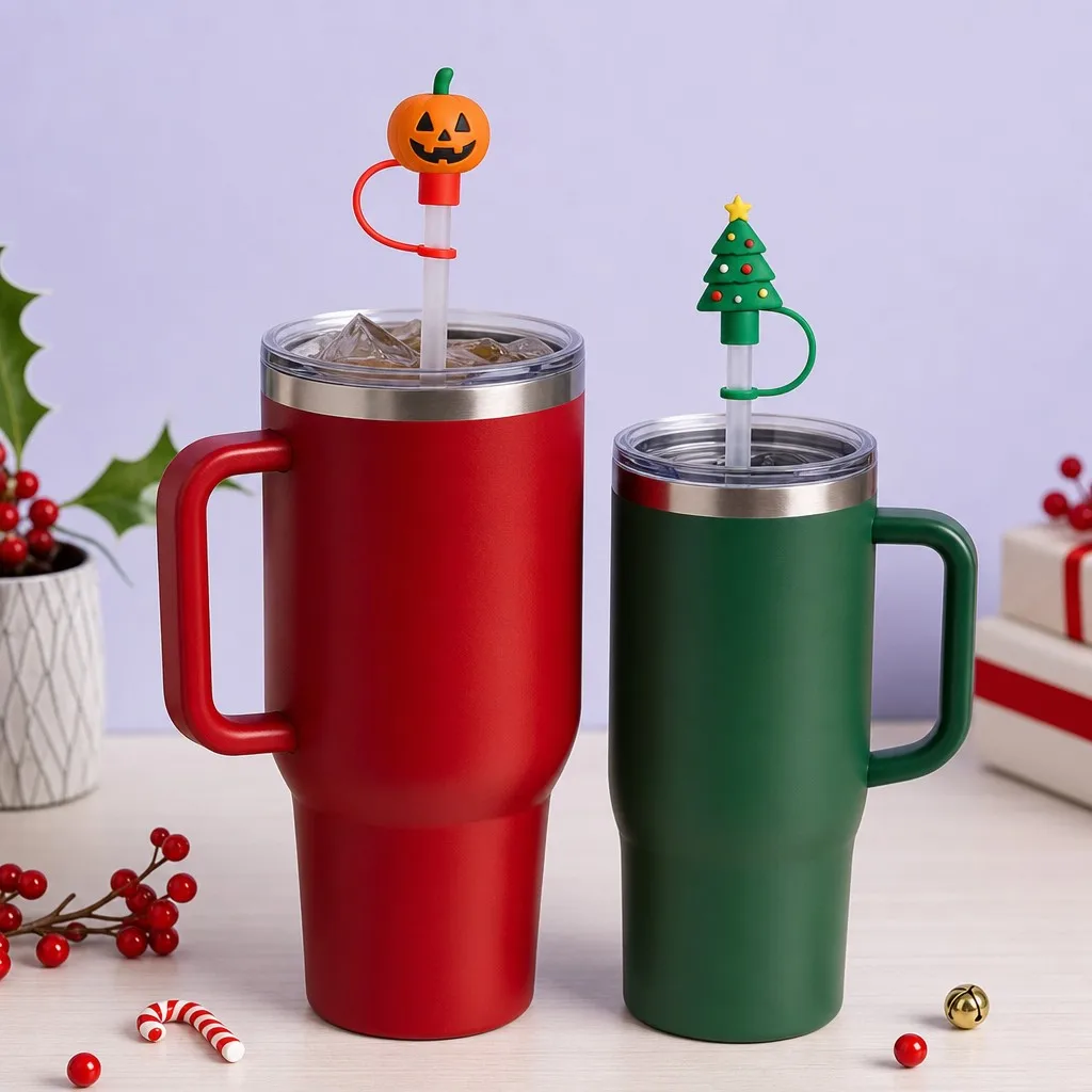 Pumpkin and Christmas Tree Straw Covers on Red and Green Stanley Tumblers