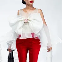 

See Through White Thin Tulle Fashion Big Bowtie Lady Sweet Blouse 2019