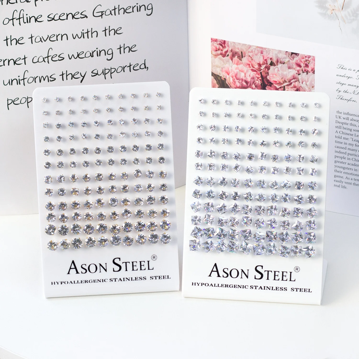 

Ason Hot selling Stainless Steel Crystal Round Zircon Stud Earrings Display Card