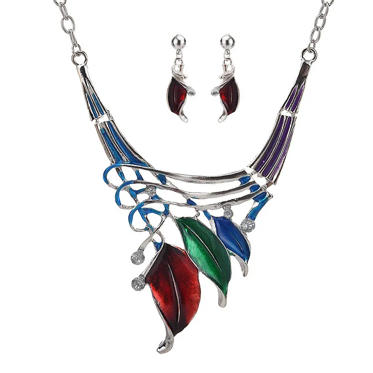 

CJ9252 Women fashion leaves jewelry set enamel jewelry set Vintage necklace earrings set for gifts