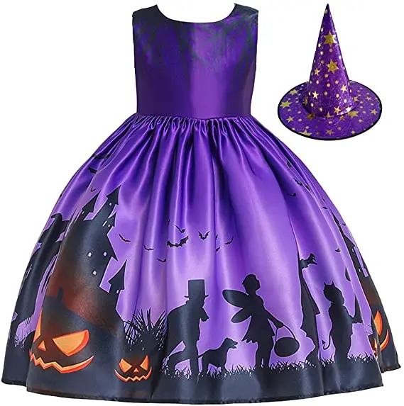 Girl's Halloween Witch Cat and Pumpkin Satin and Tulle Nightgown 