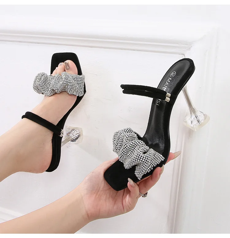 

Two Ways of Wearing 34-46 Glitter Rhinestone Talon Femmes Summer Slippers Sandal Shoes Square Toe Mules Heels, Black, red