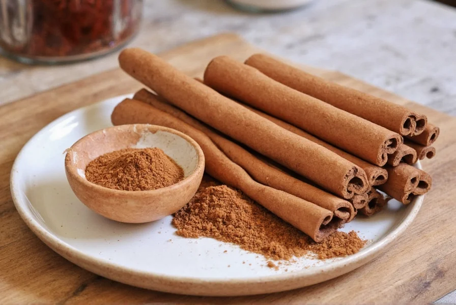 Loisa organic cinnamon container placed beside measuring spoons with cinnamon sticks showing the difference between Ceylon and cassia varieties
