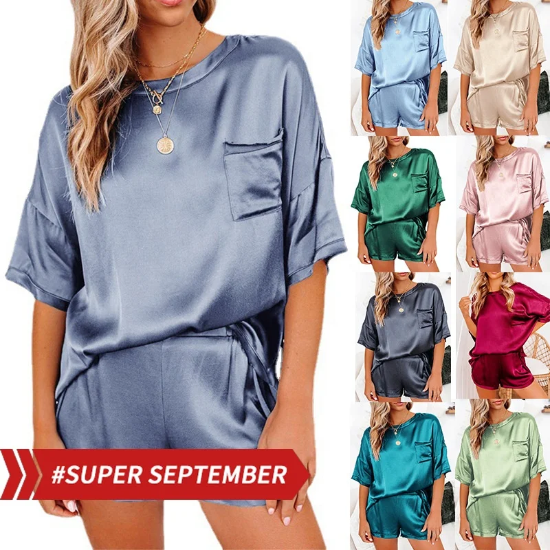 

2021 Amazon Top Sellers Solid Color Silk Pajamas Women's Sleepwear Satin Pajama Sets silk pajama set women, As show