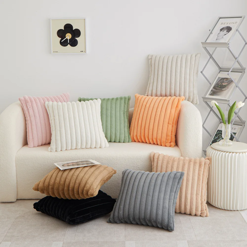 Striped Faux Rabbit Fur 45*45cm Vertical Strip Throw Pillow Home Fabric Sofa Decoration Cushion Bedroom Waist Pillow