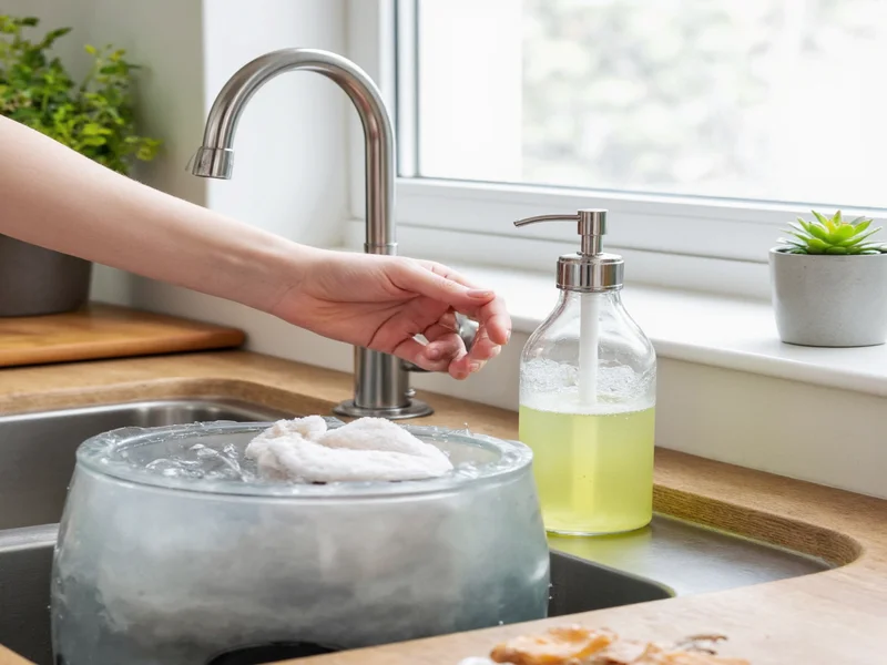 DIY dish soap in reusable glass dispenser on kitchen sink