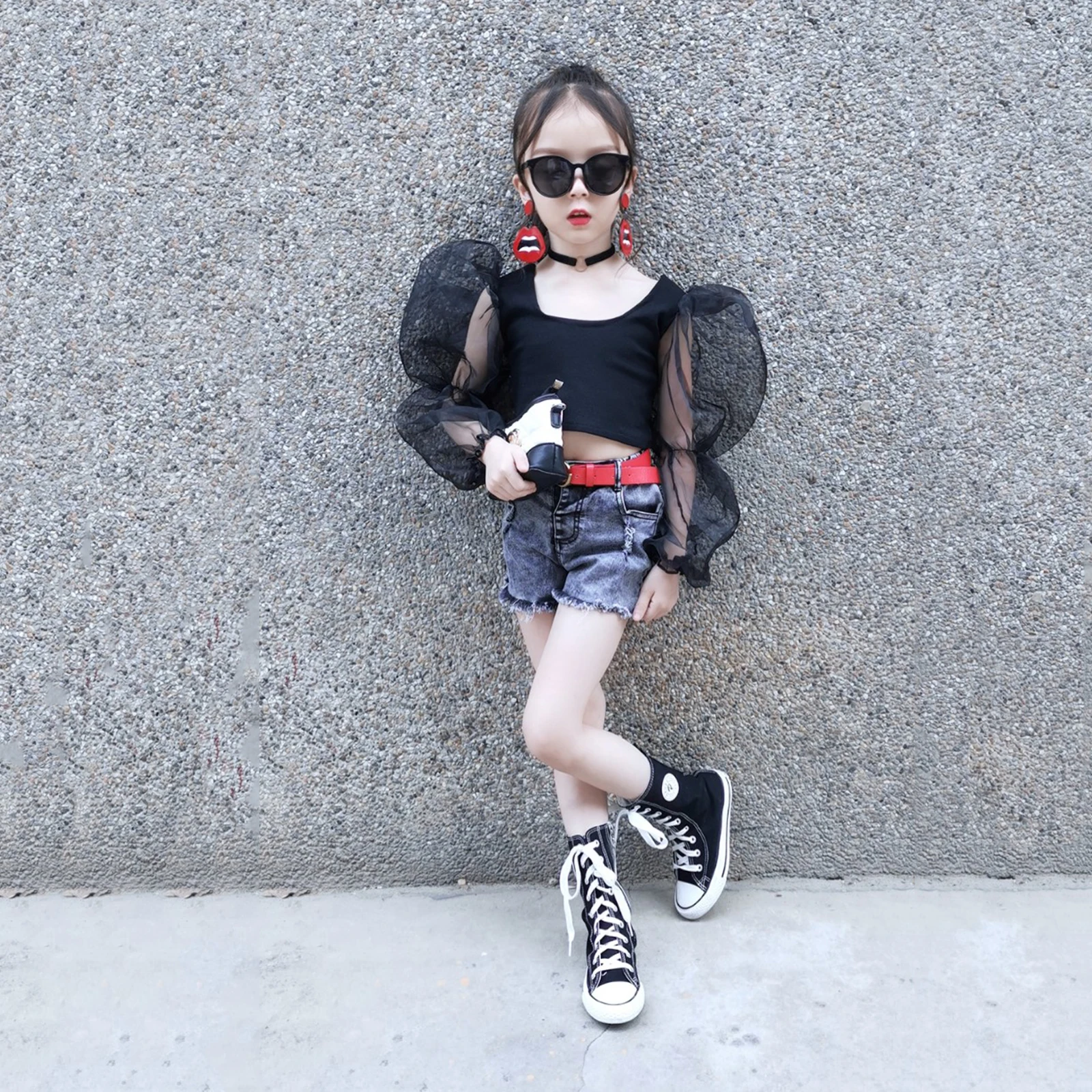 

Summer Girls T Shirt Crop Top Kids Short Tee Children Streetwear Clothes Fashion Mesh Patch Puff Long Sleeve 2-12 Years