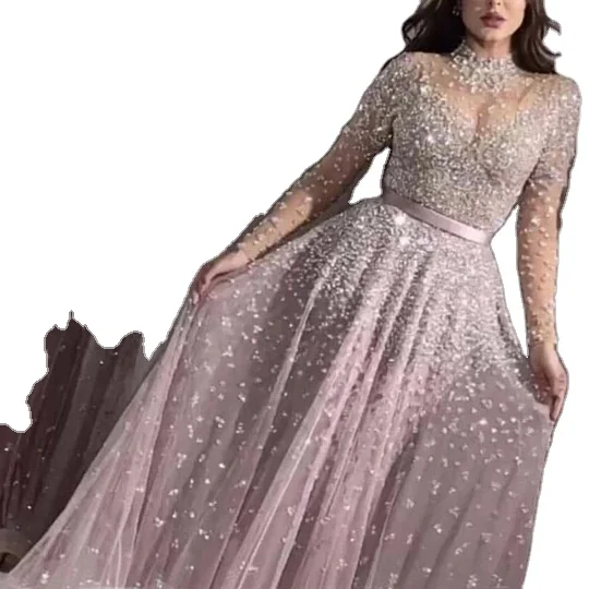 

Sweet Pink Shiny Sequins Plus Size Evening Gown Long Dress For Women, Picture