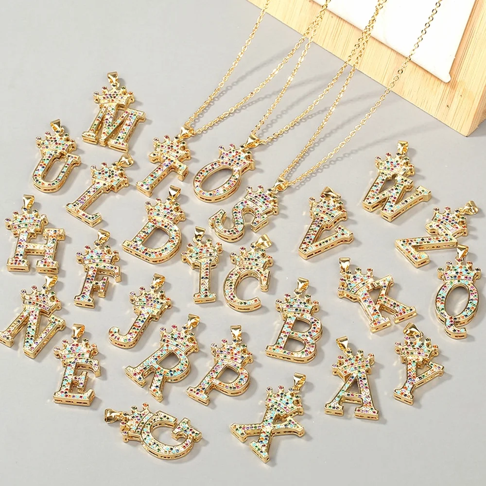 

Rainbow Color Zircon Letter Charms 18K Gold Plated Women Crown Initial Necklace