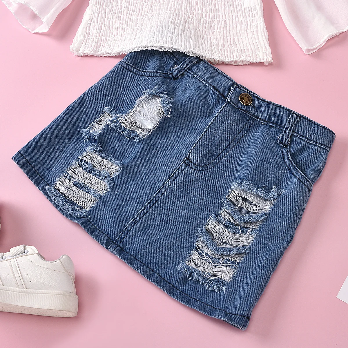 

Kids Clothes Set Girls White Trumpet Sleeve Top+broken Hole Denim Skirt Set