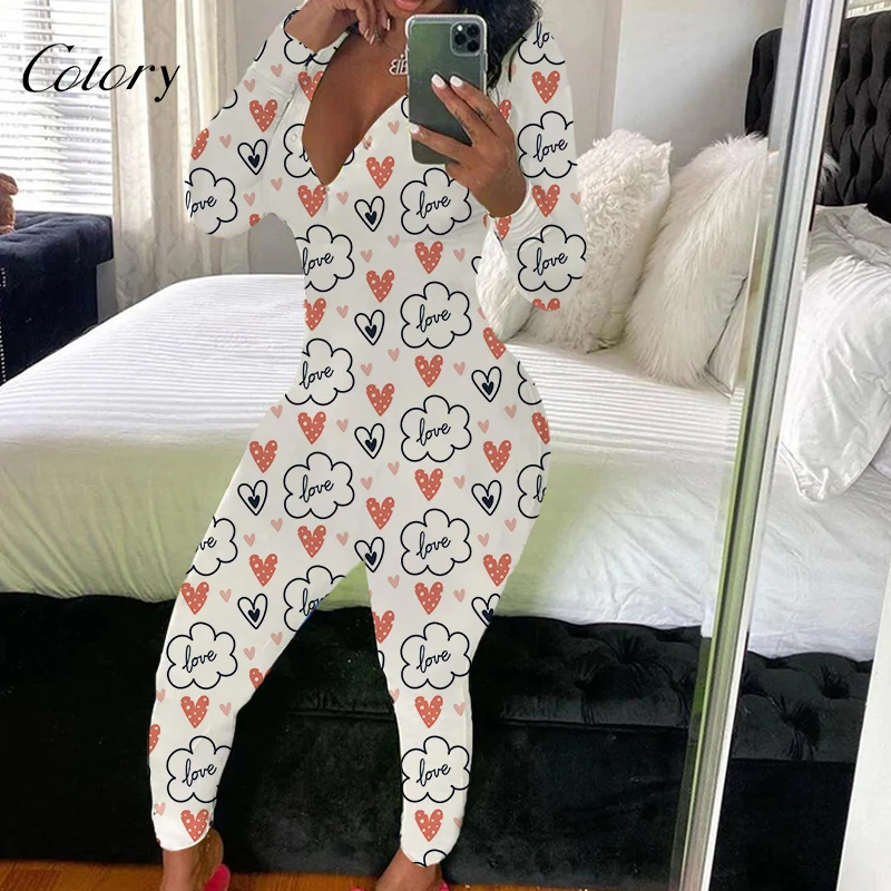 

Colory Onesie Red Day Valentines Pajamas V Neck Jumpsuit, Picture shows