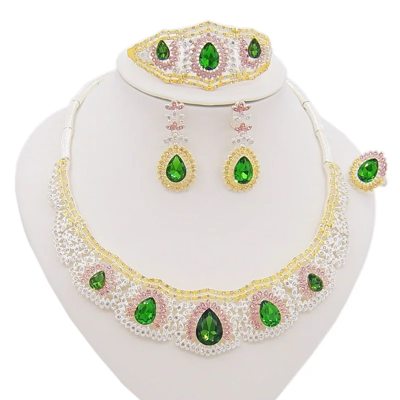 

Yulaili Water Drop Shape Green Opal Tri-color Pendant Necklace Earrings Bracelet Ring for Women Dubai Wedding Jewelry Sets