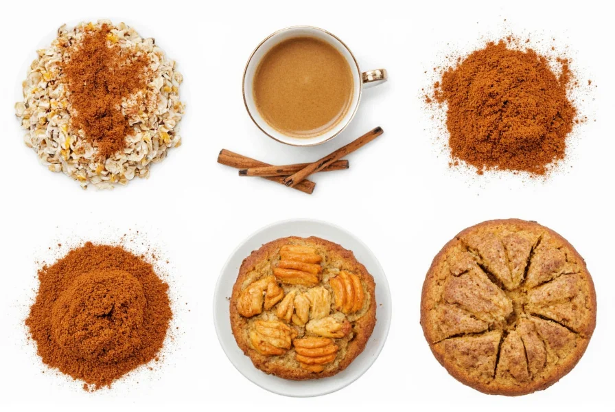 Various food applications showing cinnamon sprinkled on oatmeal, mixed into coffee, and used in baking recipes