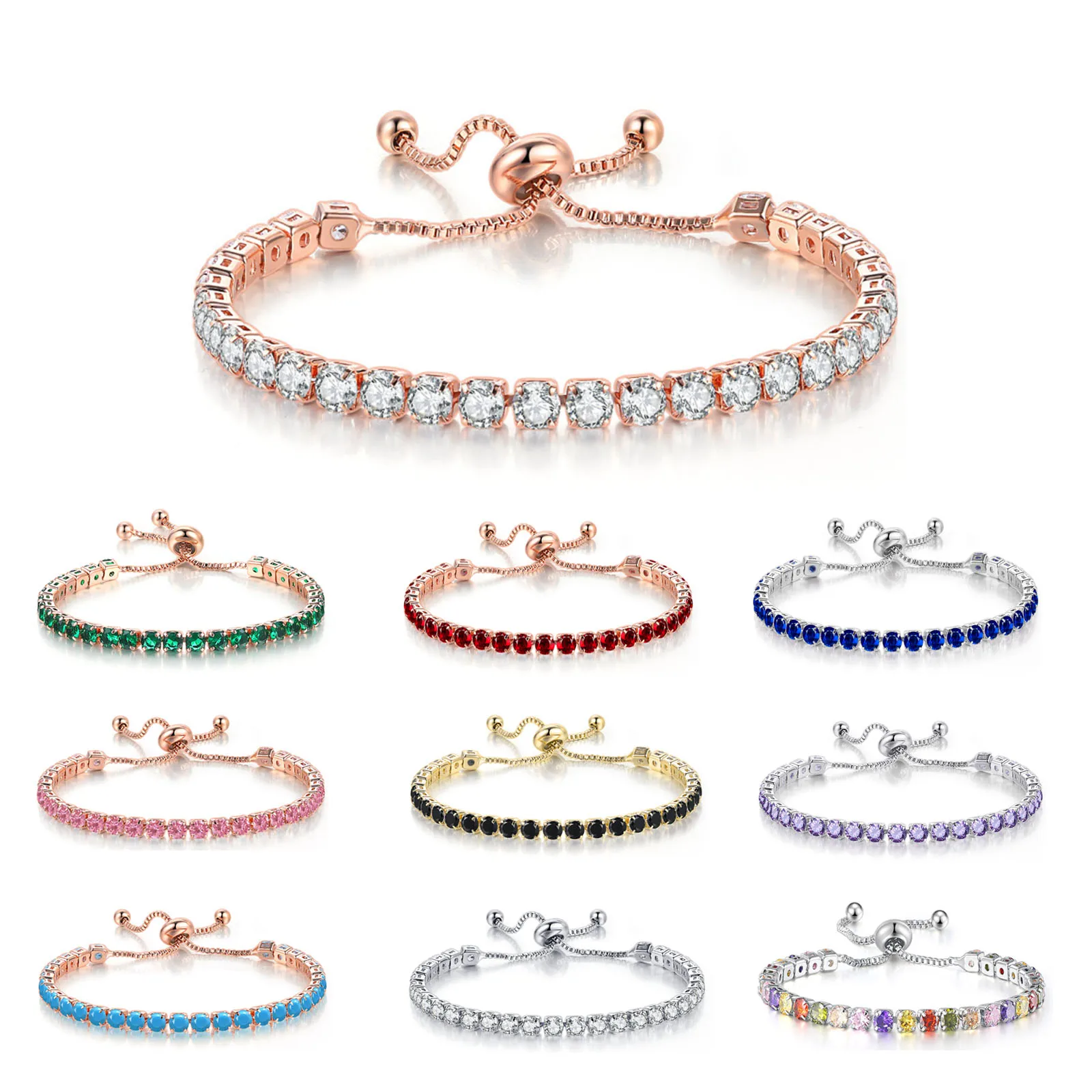 Fashion Jewelry 18K Gold Chain Bracelet Round Shape 4mm CZ Cubic Zirconia Diamond Adjustable Tennis Bracelets for Women Couple