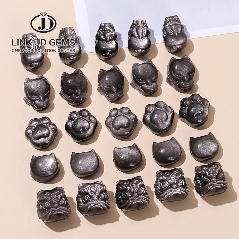 Natural Stone Silver Obsidian Carved Patterned Bead Cat Paw Pixiu Animals Shape Bead With Hole For Jewelry Making Necklace