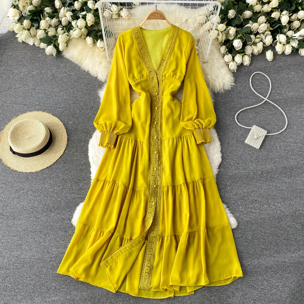 Long Sleeve O-Neck Solid A-Line Dress Autumn Lace Lace High Waist Maxi Dress Ladies Casual Dress Clothes Women Wholesale