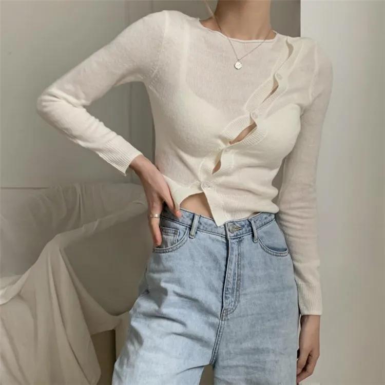 

D95921 Woman sexy crop tops fashionable autumn knitwear solid color body long sleeve cardigan top women with diagonal button