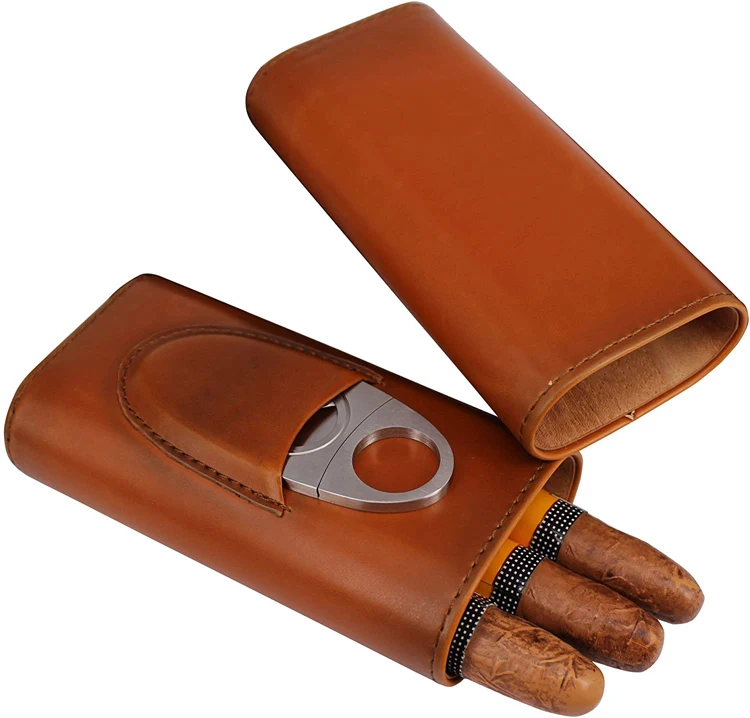 

3 Finger Leather Travel Case Cigar Multifunctional Cigar humidor box Cutter Stainless Steel Custom Logo, Black brown